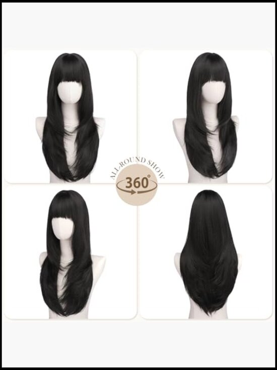 Straight Sleek Layered Wig with Bangs 24 Inch Natural Synthetic Hair Heat